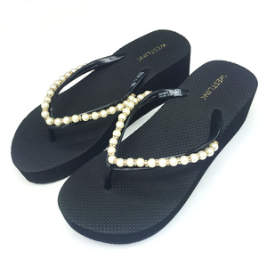 2024 High Quality Cheap Factory Manufacture Fashion Pearl Wedge Shoes Flip Flop Slipper Ladies Heel Shoes
