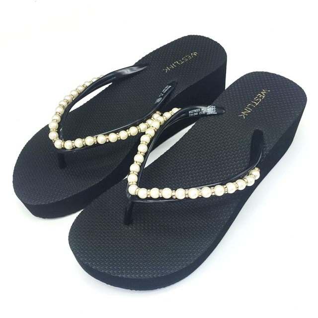2024 High Quality Cheap Factory Manufacture Fashion Pearl Wedge Shoes Flip Flop Slipper Ladies Heel Shoes