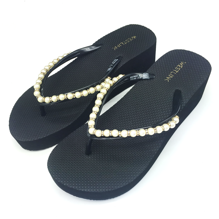 2024 High Quality Cheap Factory Manufacture Fashion Pearl Wedge Shoes Flip Flop Slipper Ladies Heel Shoes