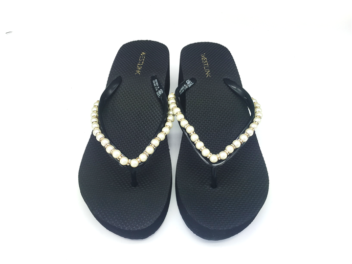 2024 High Quality Cheap Factory Manufacture Fashion Pearl Wedge Shoes Flip Flop Slipper Ladies Heel Shoes