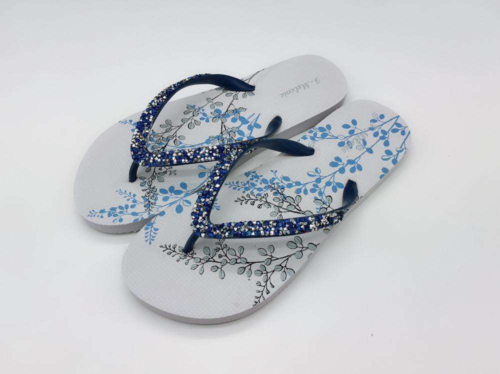 2019 Factory New Arrival Fashion Women Flip Flop Flower Print Rubber Outsole Slipper Pvc Diamond Strap