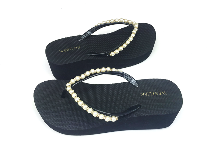 2024 High Quality Cheap Factory Manufacture Fashion Pearl Wedge Shoes Flip Flop Slipper Ladies Heel Shoes