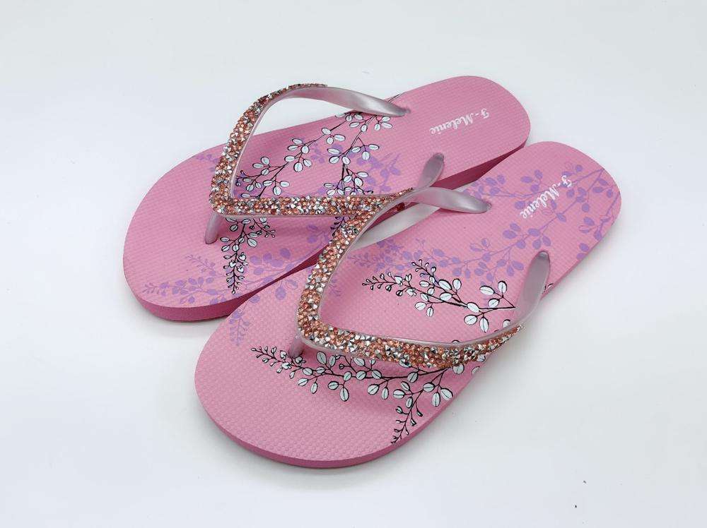 2019 Factory New Arrival Fashion Women Flip Flop Flower Print Rubber Outsole Slipper Pvc Diamond Strap