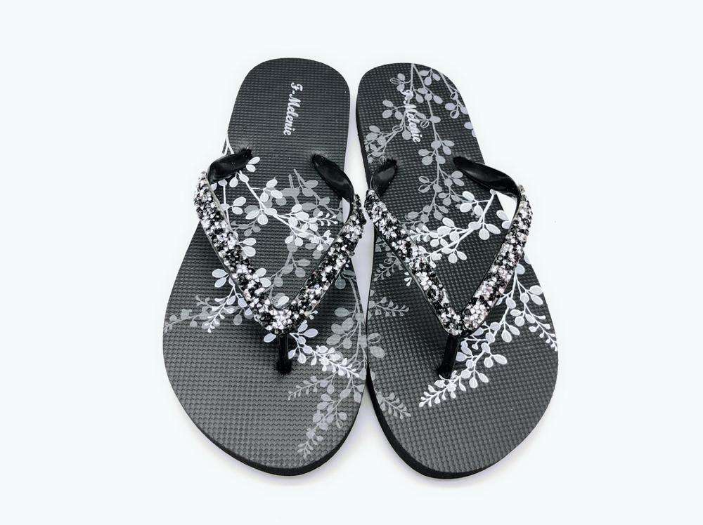 2019 Factory New Arrival Fashion Women Flip Flop Flower Print Rubber Outsole Slipper Pvc Diamond Strap