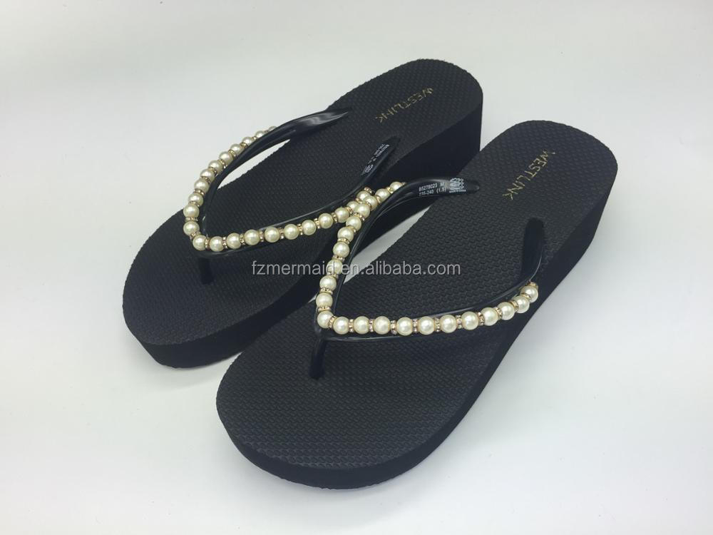 2024 High Quality Cheap Factory Manufacture Fashion Pearl Wedge Shoes Flip Flop Slipper Ladies Heel Shoes