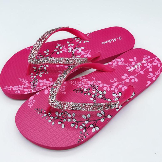 2019 Factory New Arrival Fashion Women Flip Flop Flower Print Rubber Outsole Slipper Pvc Diamond Strap