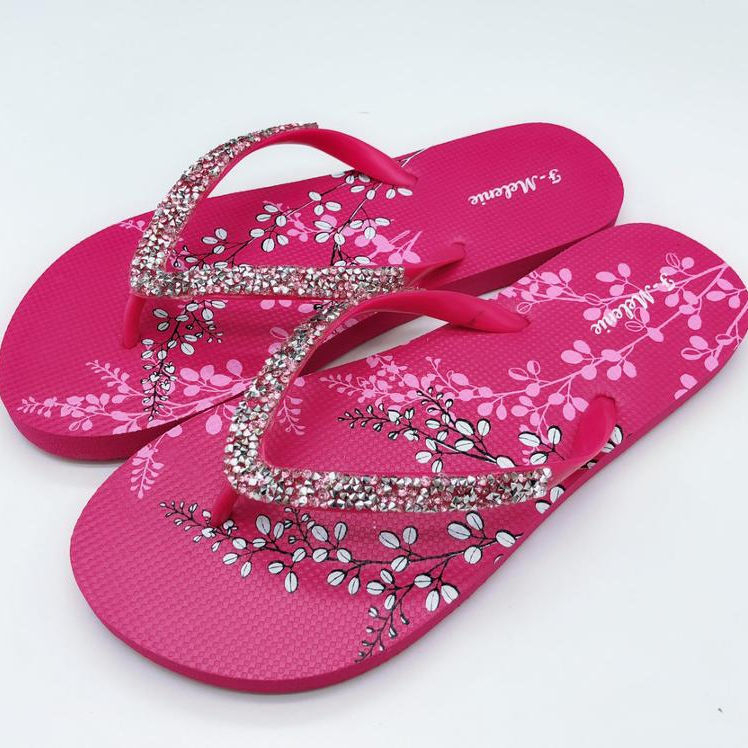 2019 Factory New Arrival Fashion Women Flip Flop Flower Print Rubber Outsole Slipper Pvc Diamond Strap